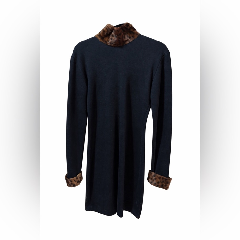 Vintage Black Mini Dress with Faux Fur Leopard-Trim Collar & Cuffs Celia Tejada